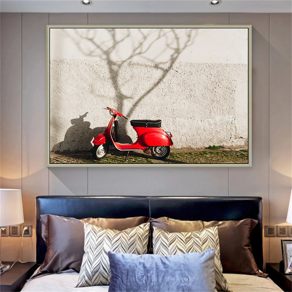 Картина на холсте пляжный мост Красный Зонт Черный Белый велосипед мотоцикл