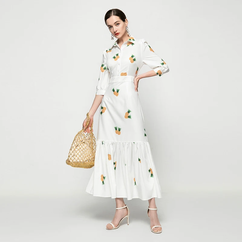 

Long Dress Bohemian Spring Summer New Women'S Pineapple Print Fashion Party Elegant Chic Shirt Dresses