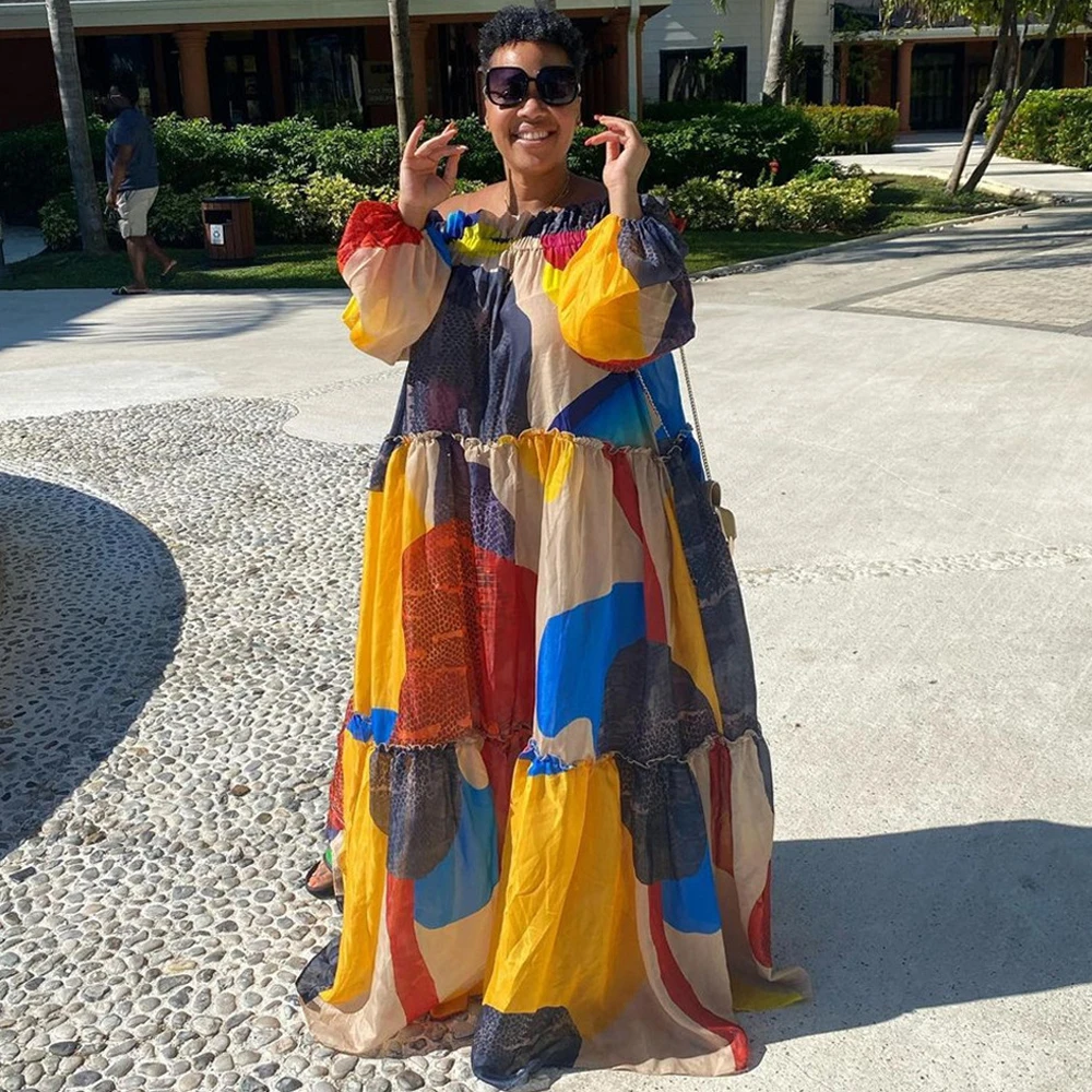 

MD 2021 African Long Dress Women Plus Size Boubou Off Shoulder Backless Evening Party Dresses African Ankara Dashiki Print Robe