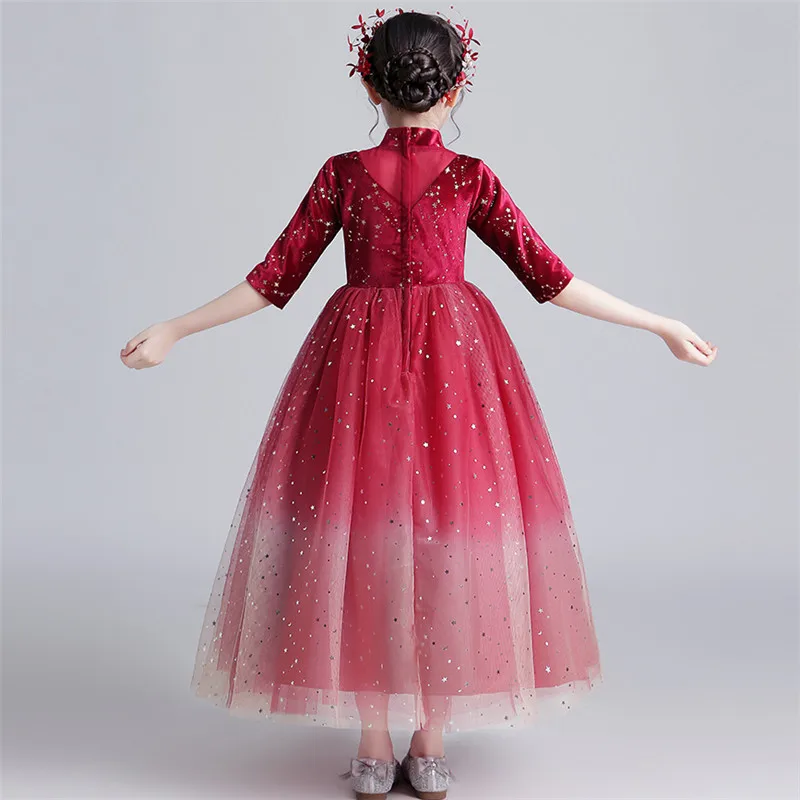 

2019Autumn Winter Elegant New Wine-red Holiday Birthday Party Princess Long Dress For Children Girls Warm Host Costumes Dress