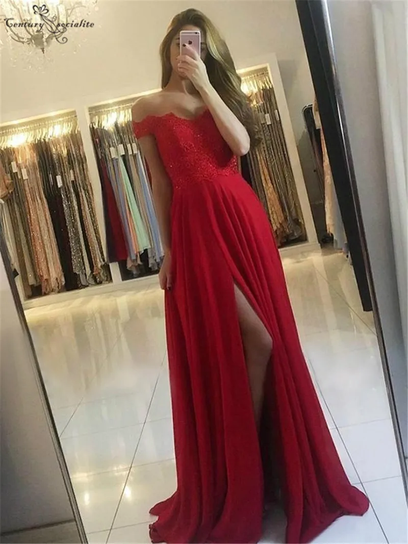 

Lace Red Bridesmaid Dresses Long Side Split Off Shoulder Lace Up Back Chiffon A-Line Wedding Guest Gowns Maid of Honor Dress