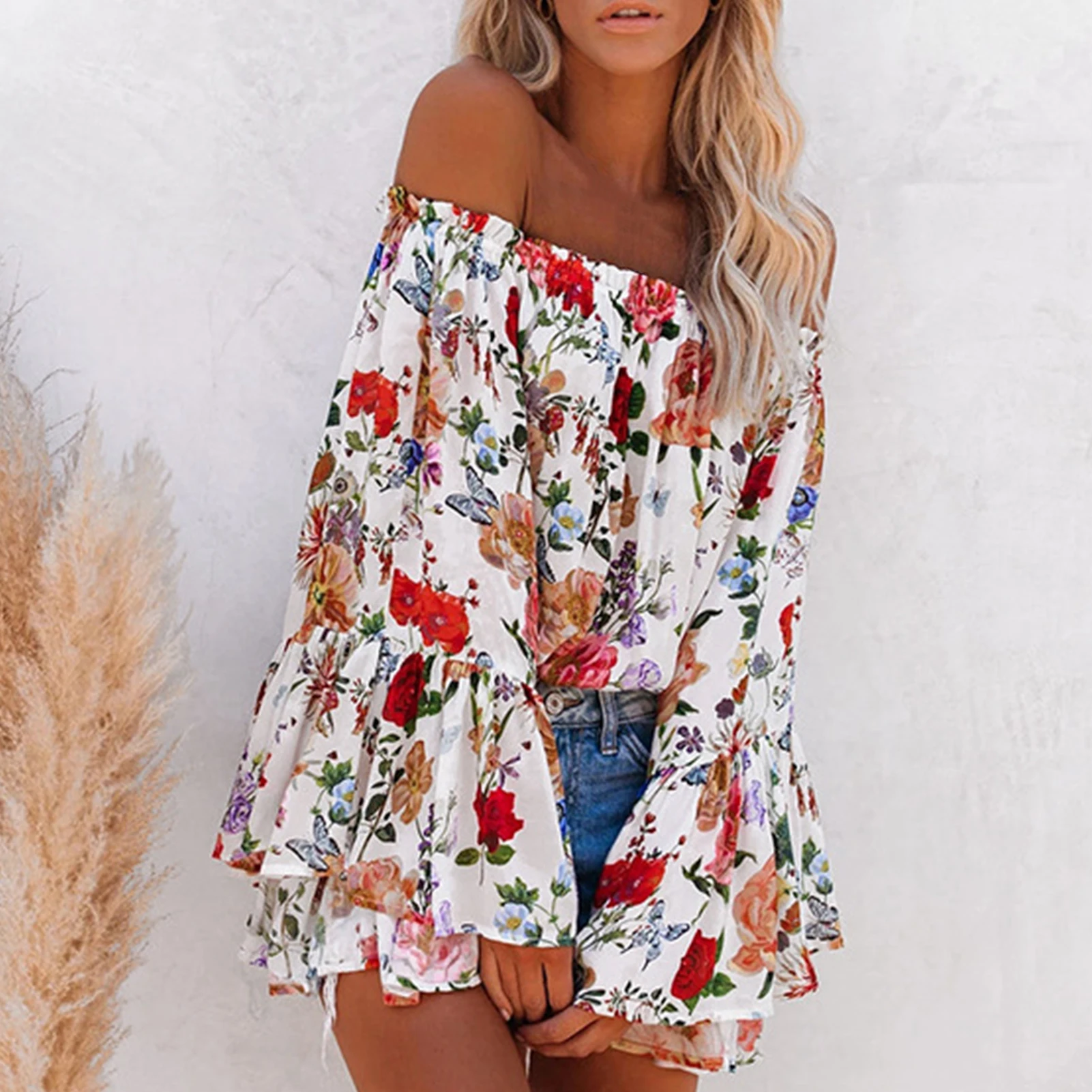 

Women Blouses Sexy Off Shoulder Long Flared Sleeve Floral Print Loose Blouse shirt Top Women's Clothing ropa de mujer 2021