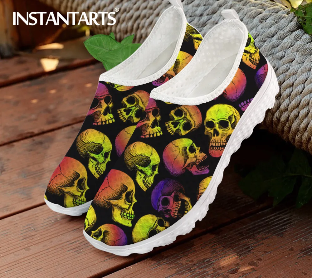 

INSTANTARTS 2021 Vintage Gradient Skull Pattern Flat Shoes Summer Breathable Mesh Sneaker Casual Slip-on Loafers Beach Zapatos