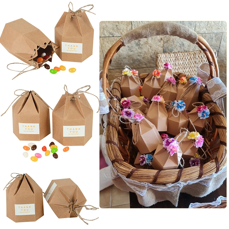 

10pcs Kraft Paper Candy Gift Boxes Lantern Hexagon Candy Box Favor And Gifts Wedding Christmas Valentine's Party Supplies