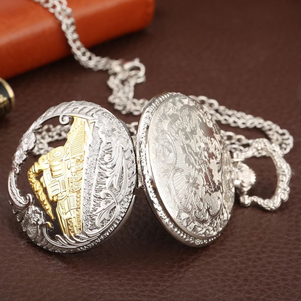 Fashion Train Design Case Quartz Pocket Watch Silver Pendant Necklace Chain Gift Sets with Gift Box for Friend
