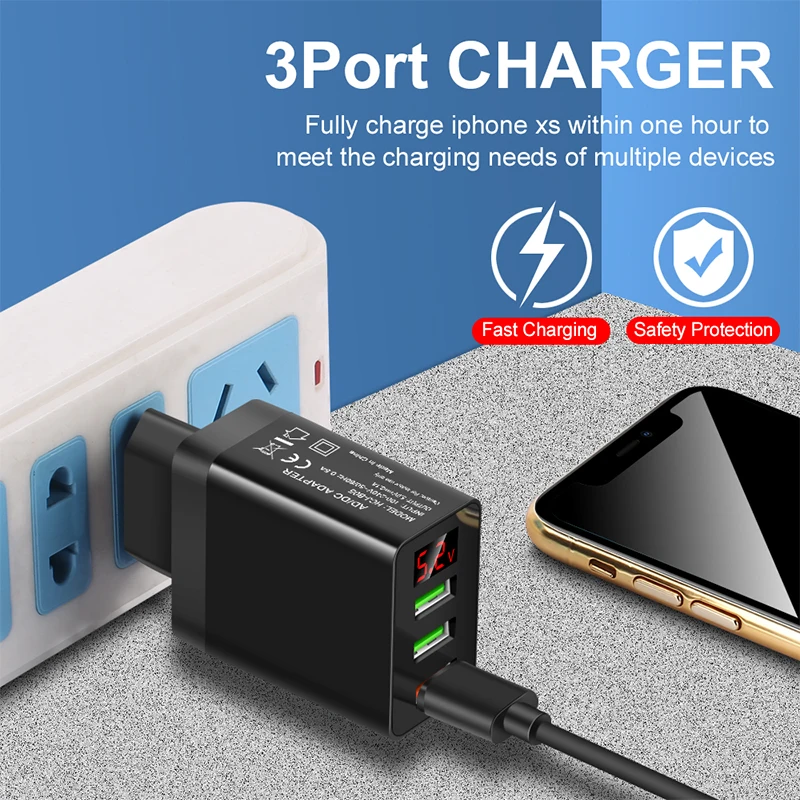 3usb digital display quick charge portable phone fast charging adapter for iphone 12 xiaomi euusuk plug mobile phone charger free global shipping