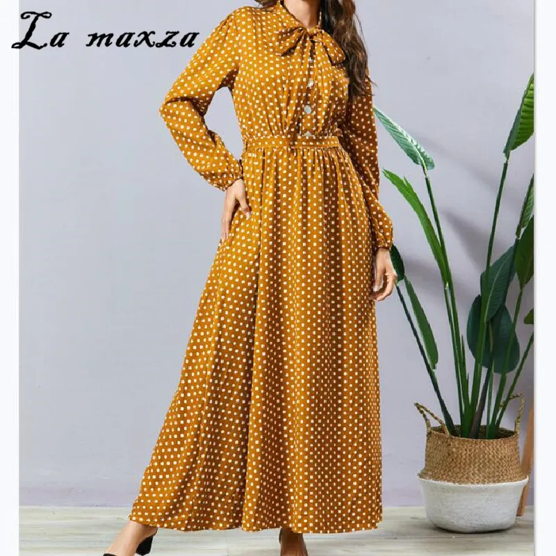 

Fashion Long Sleeves O-neck Women Maxi Dress Spring 2020 Casual Bow Slim Dress for Ladies