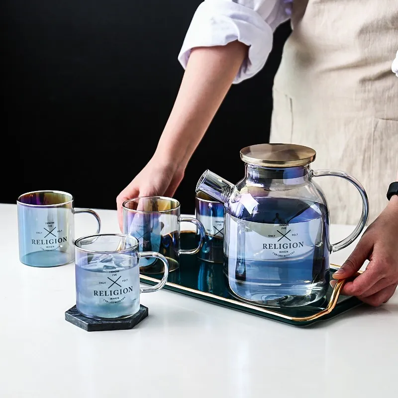 

1.8L Colorful Glass Kettle Set Heat-resistant Explosion-proof Teapot Cold Water Juice Jug Large Capacity Drinkware Pot Teacup