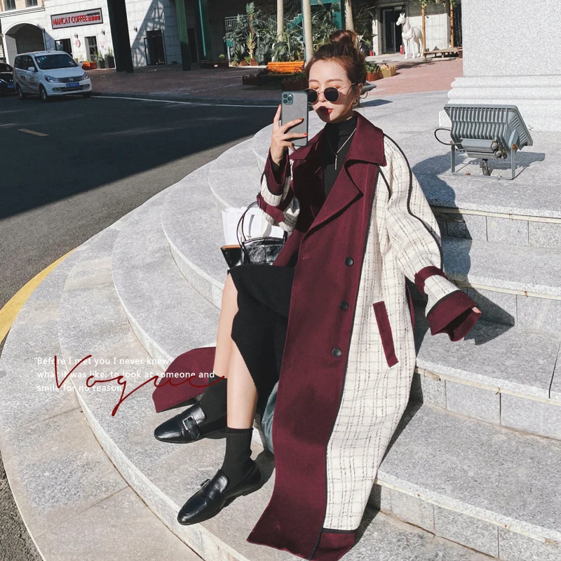 

Trench Coat Women Loose Splice Plaid Long Bandage Overcoat Outerwear Female Elegant Korean Vintage Double Breasted Windbreaker
