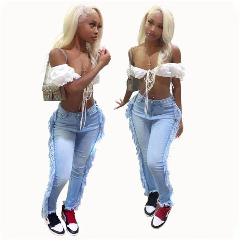 

Джинсы Zoctuo женские на пуговицах, узкие брюки-карандаш из денима с боковыми бахромой, брюки из вареного денима, синие, на осень-зиму