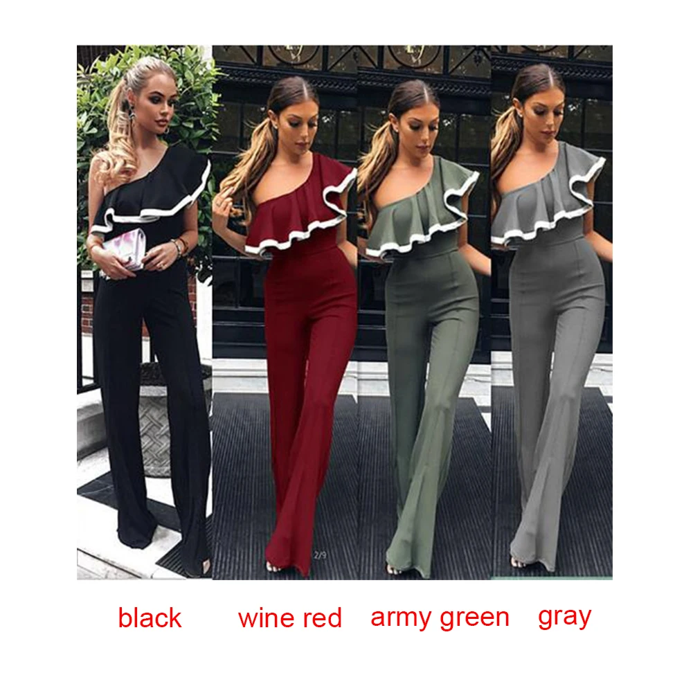 

New Summer Women Sexy Single Shoulder Falbala Collar High waist Loose Pants Trousers Jumpsuit Suit Slim Fit Coveralls