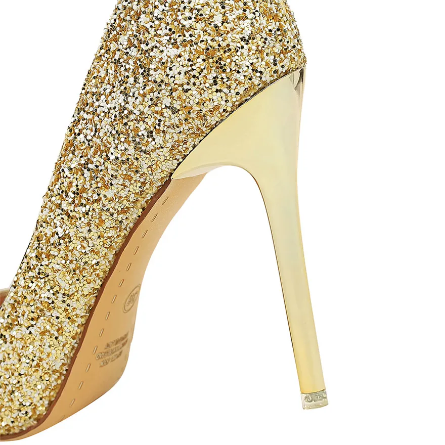 Star Style Sequined Cloth Wedding Shoes For Women New Autumn Stiletto High Heels Pointed Toe Female Side Hollow Sexy Party Pumps