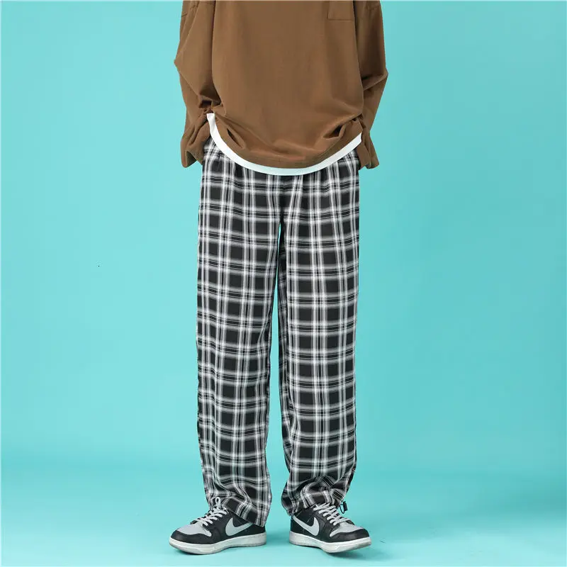 

Spring Summer Plaid Pants Men's Fashion Retro Casual Pants Men Streetwear Korean Hip-hop Straight Wide-leg Pants Mens Trousers