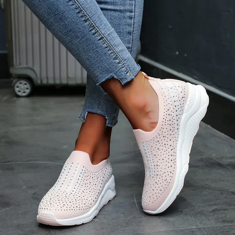 

Shiny Crystal Flats Shoes for Women Spring Autumn Breathable Soft Bottom Shoes Woman Plus Size 35-43 Slip on Casual Sneakers