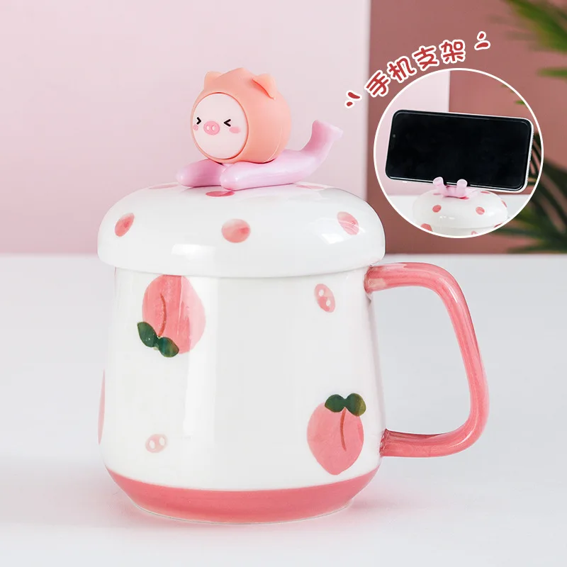 

300ml Cute Cartoon Coffee Mug Mobile Phone Holder Cover with Handle Spoon Fruit Ceramic Mug