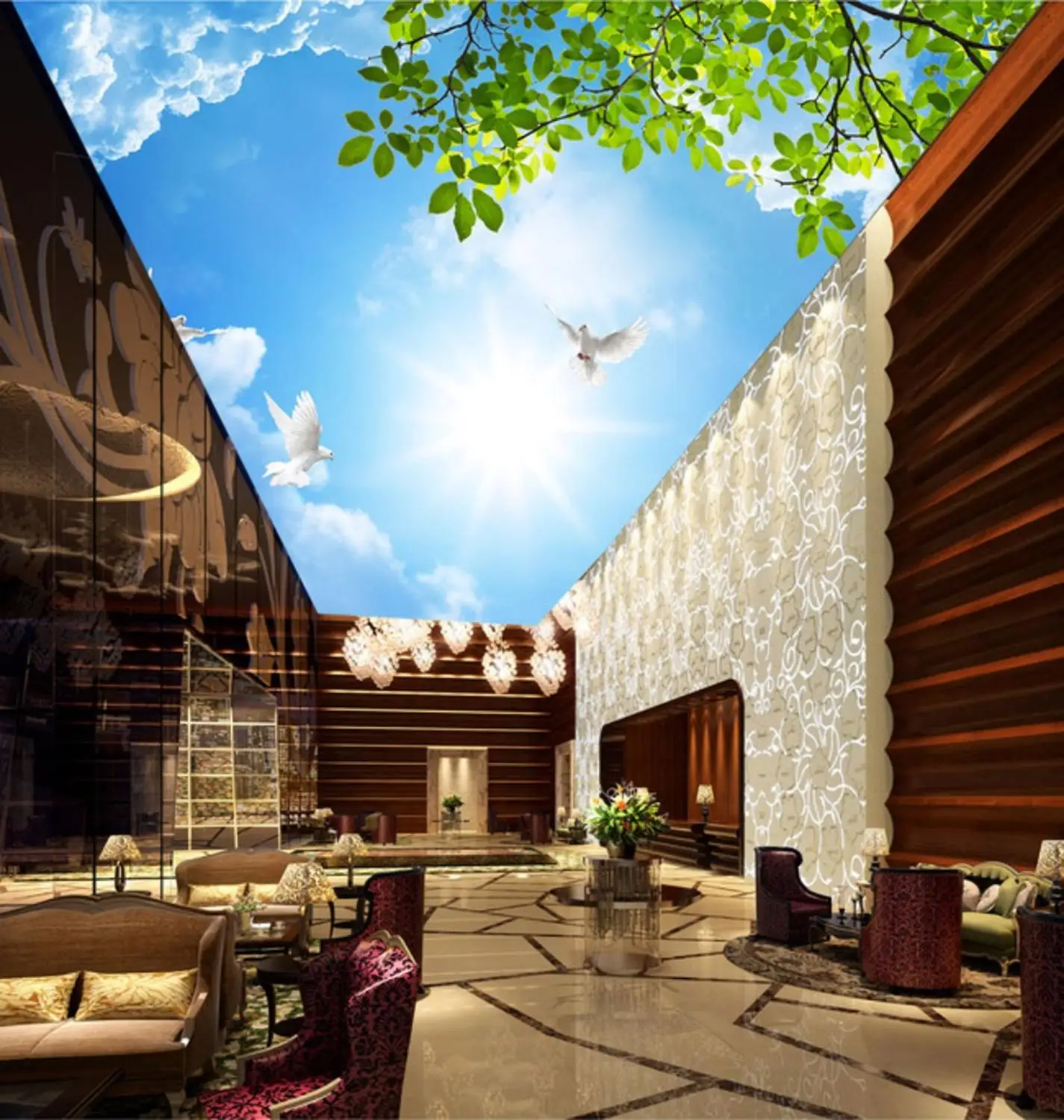 Обои для стен 3 d гостиной 3d потолки зеленое дерево облако потолок Фреска |