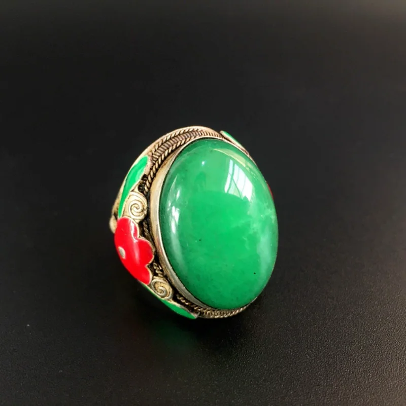 

Collectible Chinese Tibet Silver inlay Green Jade Handwork carve Flowers Ring for Women Men Fashion Accessories C4