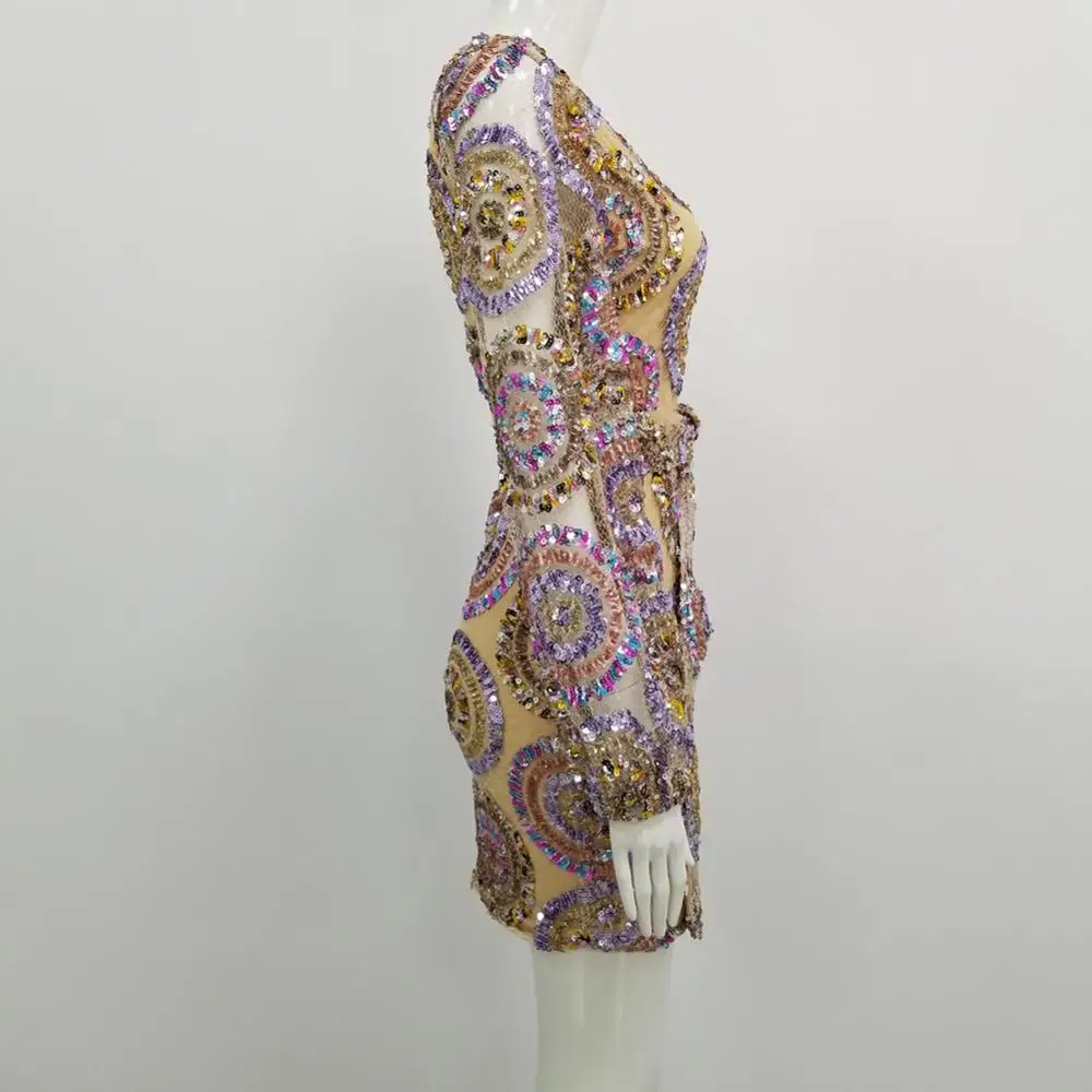 Высококачественное яркое платье с длинным рукавом и V-образным вырезом длинное