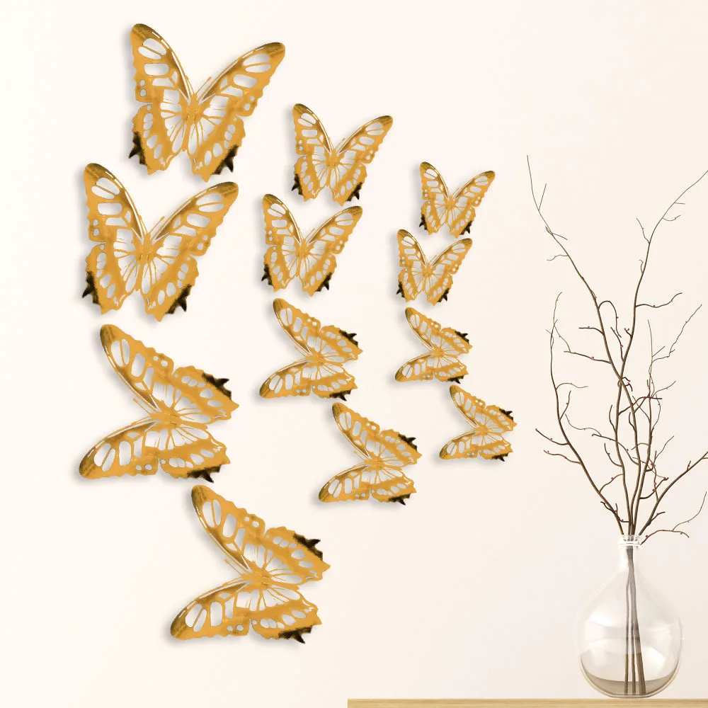 

12Pcs/lot New 3D Hollow Golden Silver Butterfly Wall Stickers Art Home Decorations Wall Decals for Party Wedding Display Shop