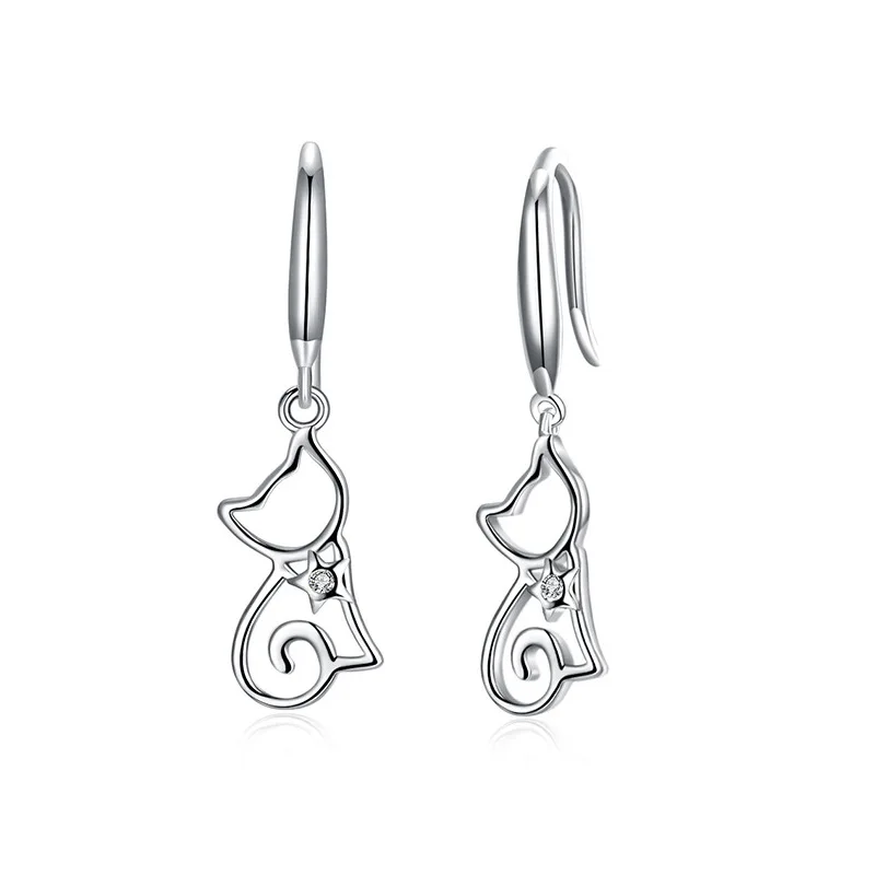 

Personality Simple Hollow Out Cat Dangle Earrings Elegant Sweet Girl Silver Color Earrings Trend Charm Lady Cocktail Jewelry