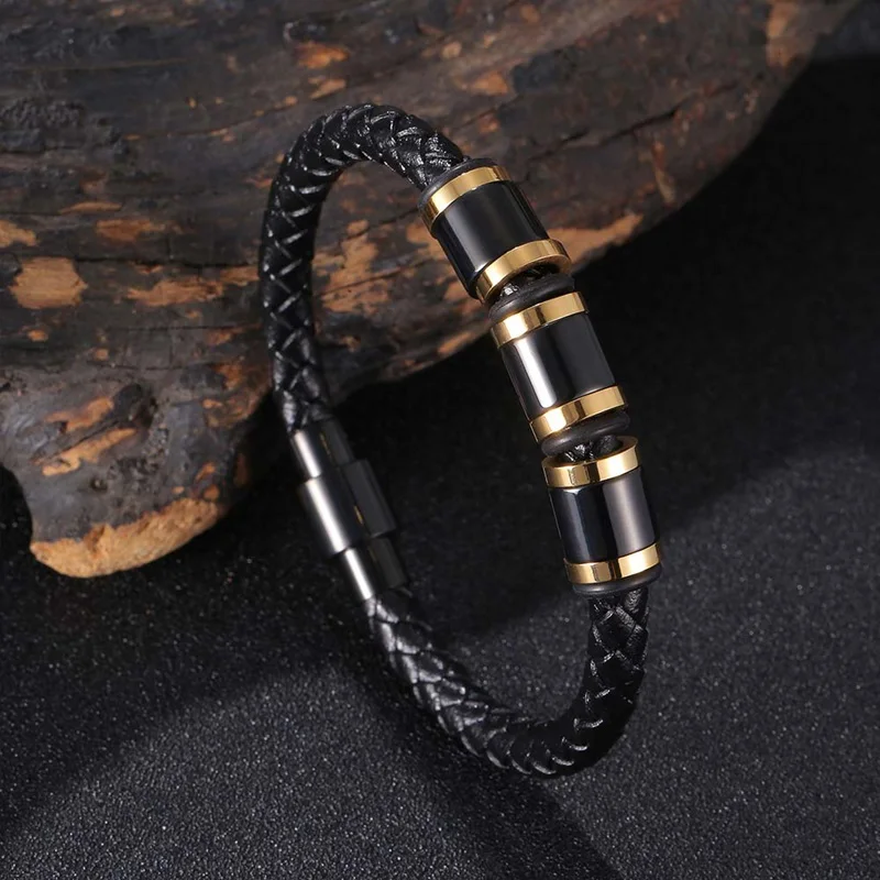 Trendy Men Leather Bracelet Genuine Cool Black Gold Creative Design Stainless Steel Magnetic Buckle Wristband BB1225 |
