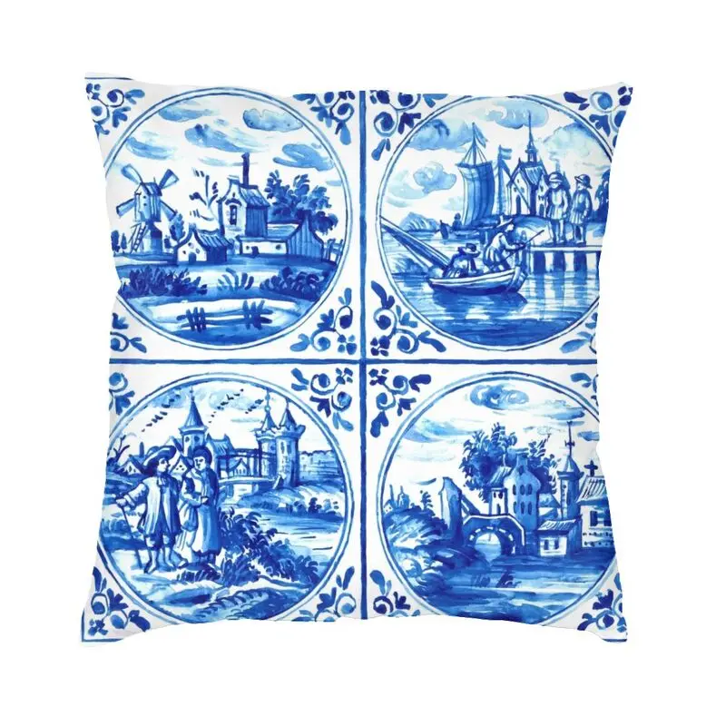 

Голландский чехол Delft с синей плитой для дивана, Винтажный чехол с изображением парусника, ветряных мельниц, Роскошный чехол для подушки