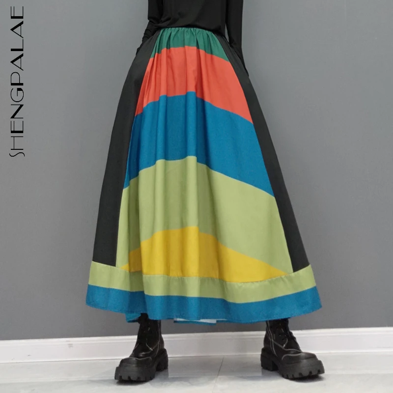 

SHENGPALAE модная контрастная цветная Полосатая юбка с высокой эластичной талией Женская Осенняя Новинка 2021 года Женские юбки до середины икры
