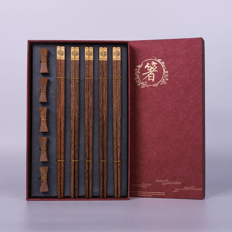 

5 Pairs High Quality Premium Wooden Gift Box Packaging Household Cylindrical Natural Wenge Wooden Chopsticks Tableware Set