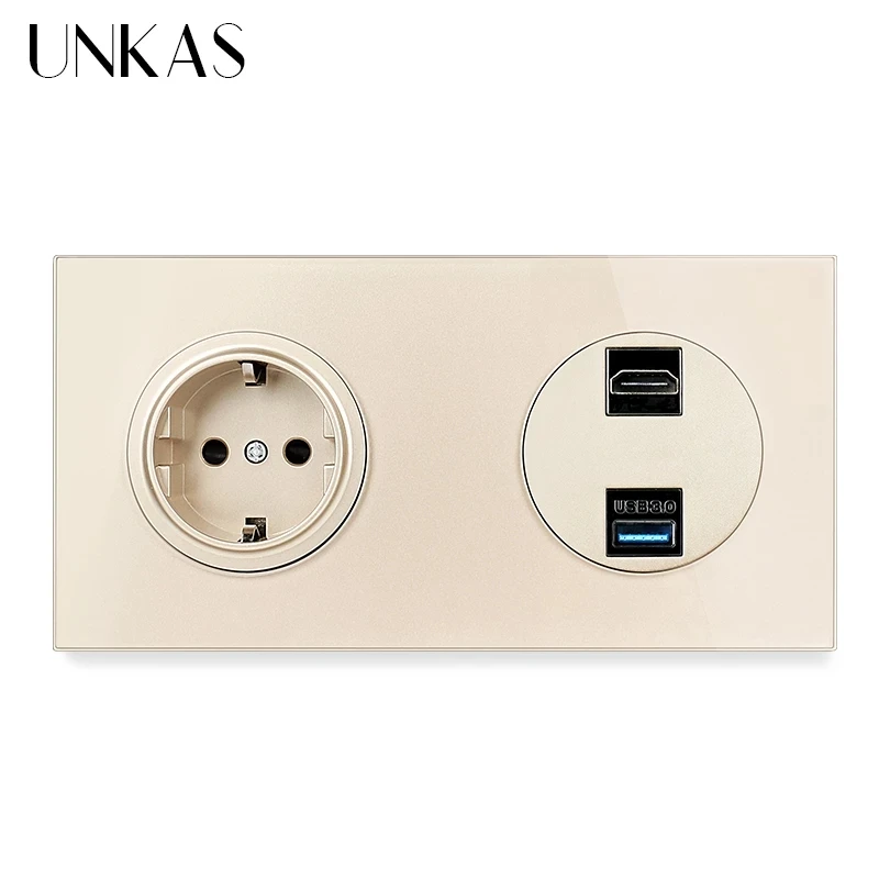 Двойная розетка UNKAS с европейской Золотой стеклянной панелью + вентилятор
