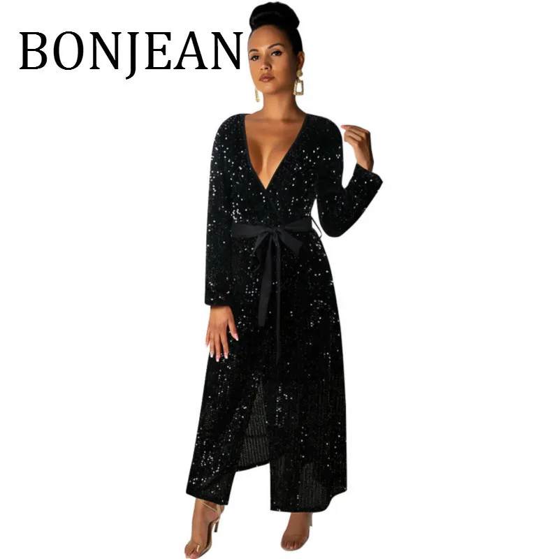 

BONJEAN Black Split Dress for Women 2019 Autumn Irregular Dress with Sequin Robe Femme Ankle-Length Casual Dresses BJ1540