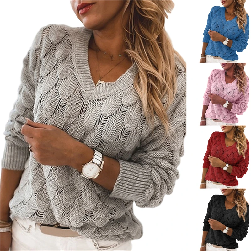 

2020 Fashion Trend Women Knitted Sweater Autumn Winter Hollow Out Feather Pattern Long Sleeve V-neck Pullover Casual Tops