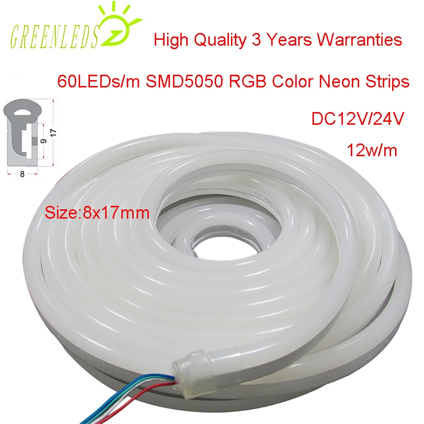 Neon Strips 60leds/m RGB SMD5050LEDs DC12V 8x17mm 12w/m Silicone Casing IP67 waterproof Flexible Strips with 3 Years Warranties