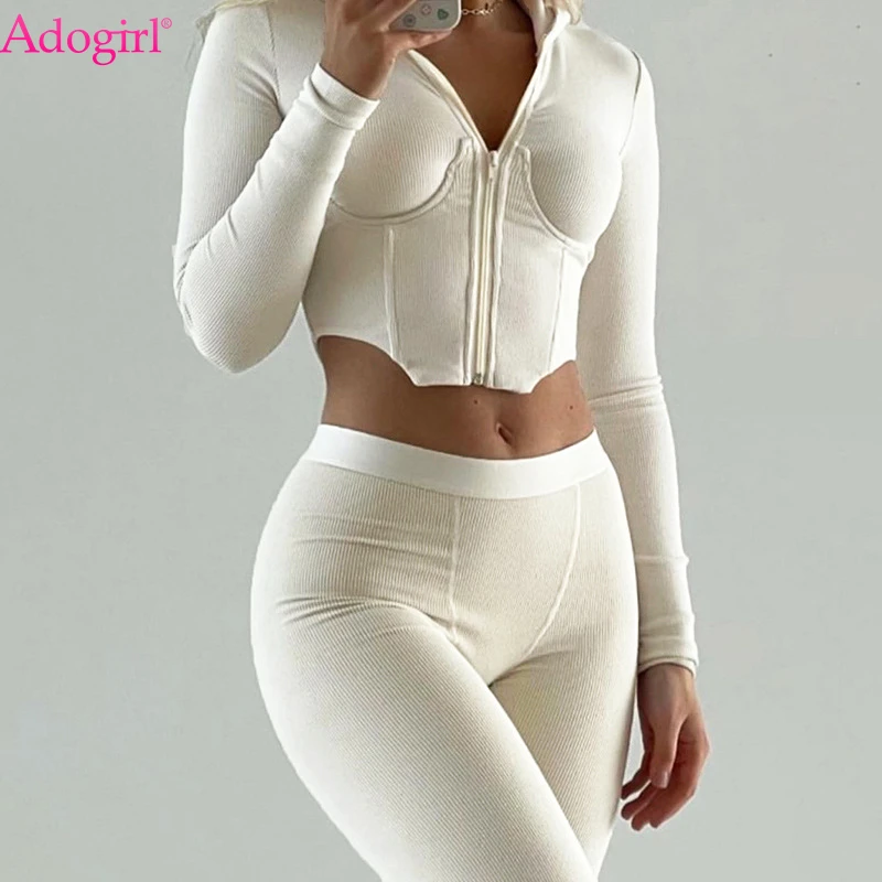 

Adogirl Solid Knitted Two Piece Set 2021 Autumn Winter Women Tracksuit Zipper Long Sleeve Corset Hooded Crop Top Sports Pants