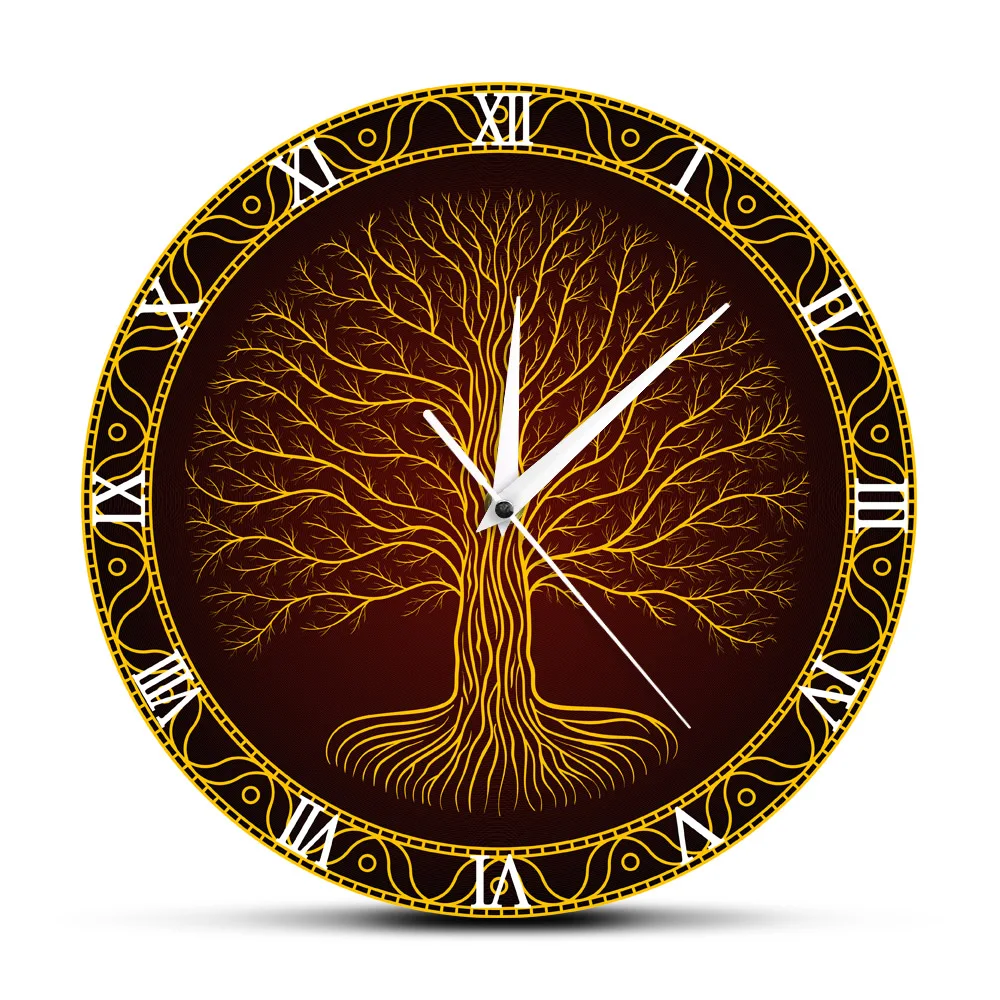 Símbolo sagrado nórdico druídico Yggdrasil, reloj de pared impreso, árbol de la vida Vikingo, amuleto místico, decoración artística de pared, reloj de pared silencioso