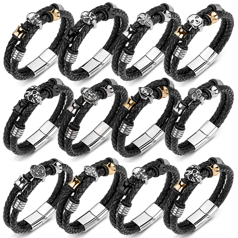 

HOT Sale Trendy Men Genuine Leather Bracelet Punk Skull Charm Collocation Cuff Bracelets for Women 30 styles Optional Jewelry