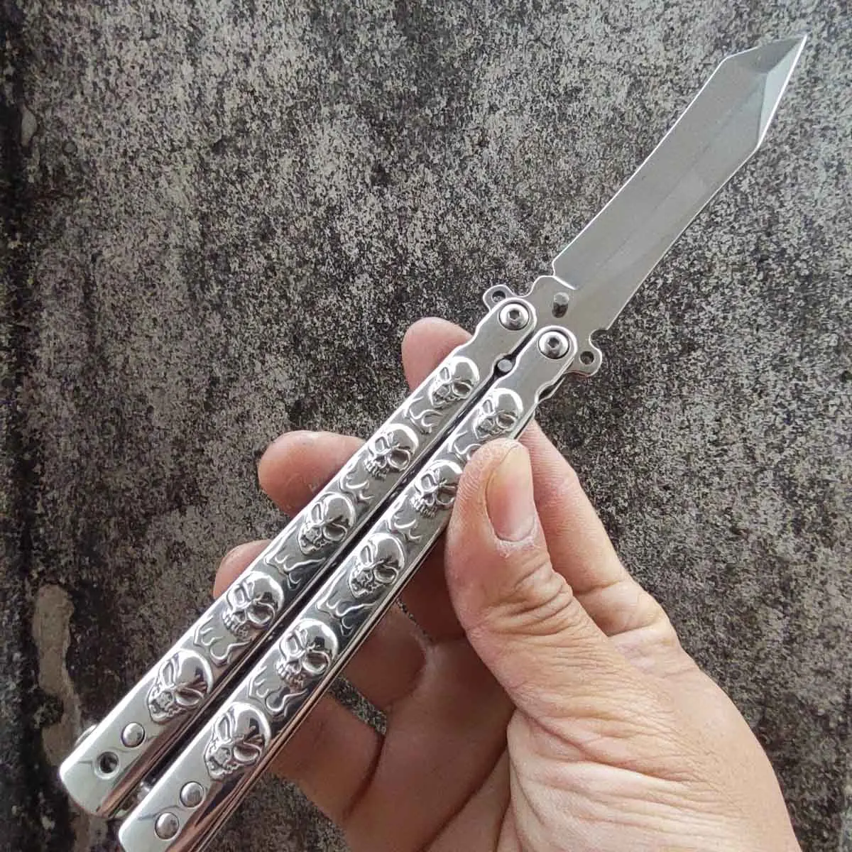 

Butterfly in Knife Beginner Practice Tool - Skulls Engrave Training Knives - Dull Blade Unsharp 100% Safety Fast Ship