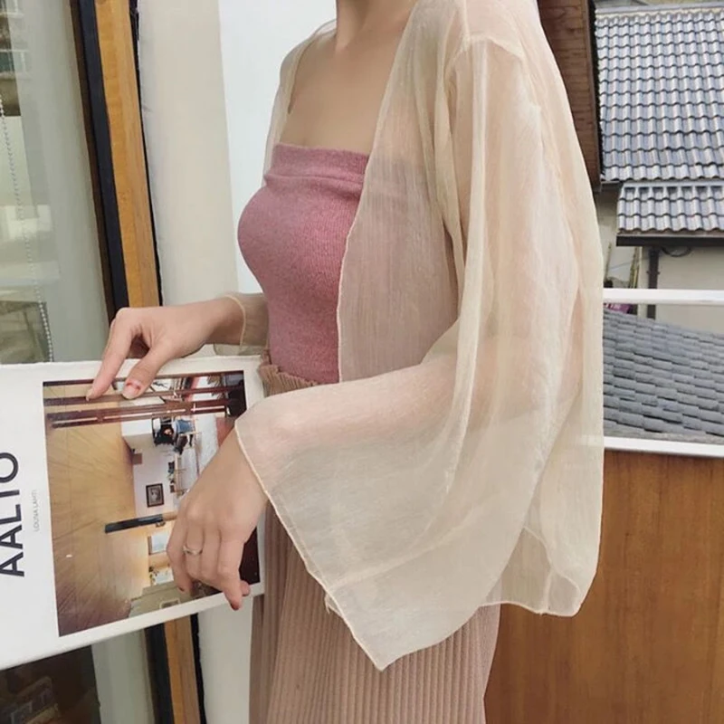 Женская прозрачная блузка-кимоно Geskeey зеленая Длинная блузка с открытым крючком