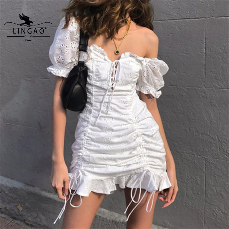

Fashion Square Neck Lace Up White Dress For Women 2021 New Drawstring Ruched Vintage Summer Dresses Mini Elegant сарафан одежда