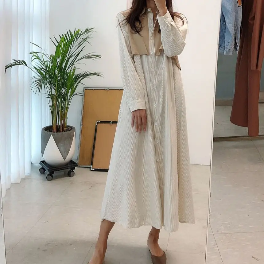 

Spring New Ladies Striped Fake Two-Piece Shirt-Style Oversized Dress Korean Lapel Single-Breasted Lace-Up Waist Mid-Length Dress