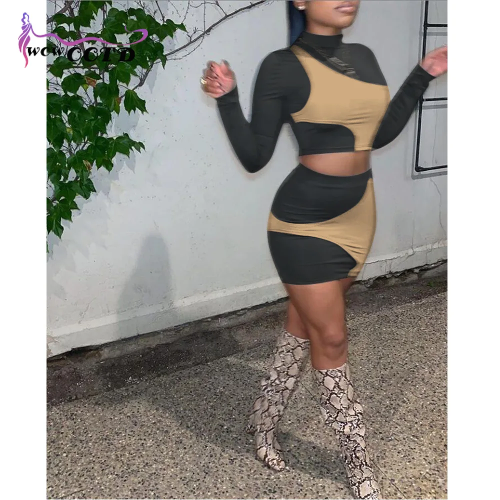 

WOWOOTD Autumn Pop Color Contrast Stitching Personalized Long Sleeve Round Neck Sexy Short Skirt 2piece Dress Set 2021 Ladies