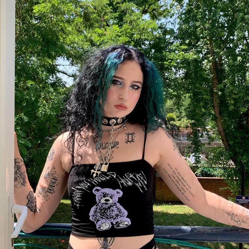 Женский Готический Топ без рукавов черная Базовая майка с принтом в стиле панк Y2K