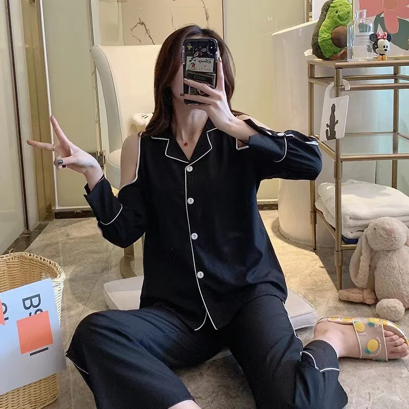 Pajamas Women Spring And Autumn Thin Off-Shoulder Home Wear Sexy Long-Sleeved Ladies Suit