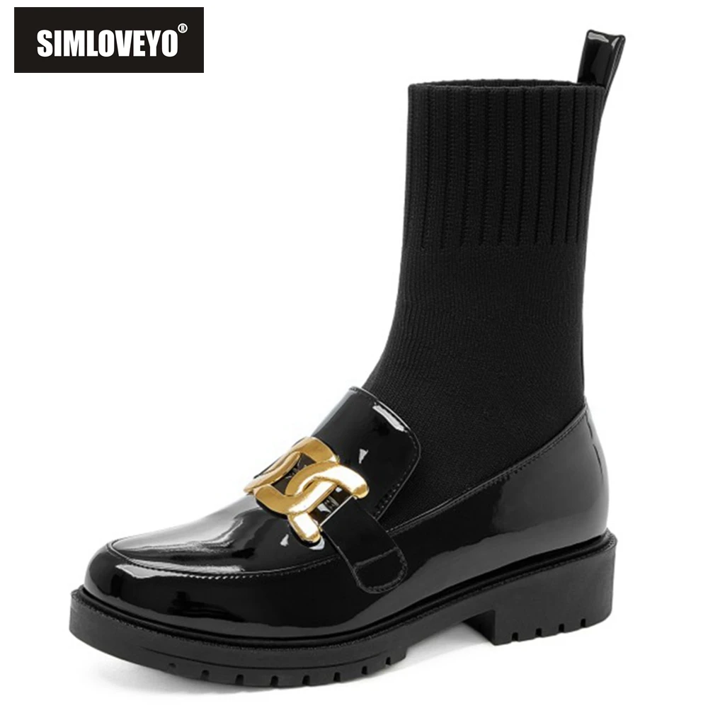 

SIMLOVEYO Winter Autumn 2021 Square Toe Boots PU Leather Metal Chain Knitting Woolen Tube Sock Boot Women Fashion Stretchy S227