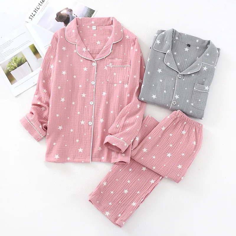 

100% Cotton Crepe Pajamas Set Spring Autumn Women Men Two-piece Long-sleeved Trousers Suit Star Printed Casual Home Service Set