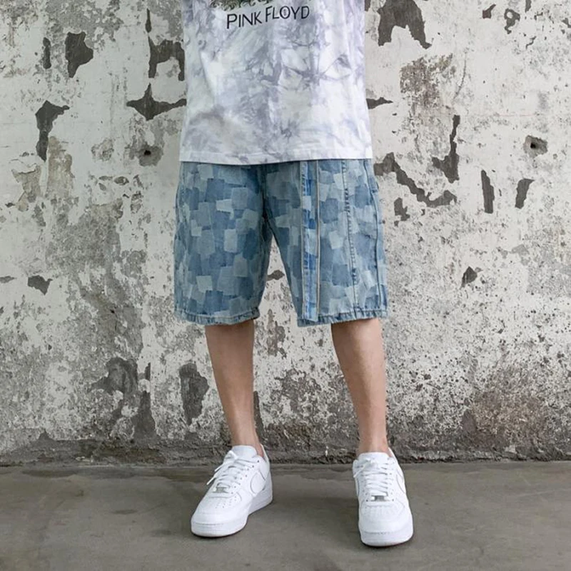 

Original Sashes Wide Leg Hip Hop Jeans Shorts Men and Women Washed Checkered Zipper Fly Straight Ripped Denim Shorts Harajuku