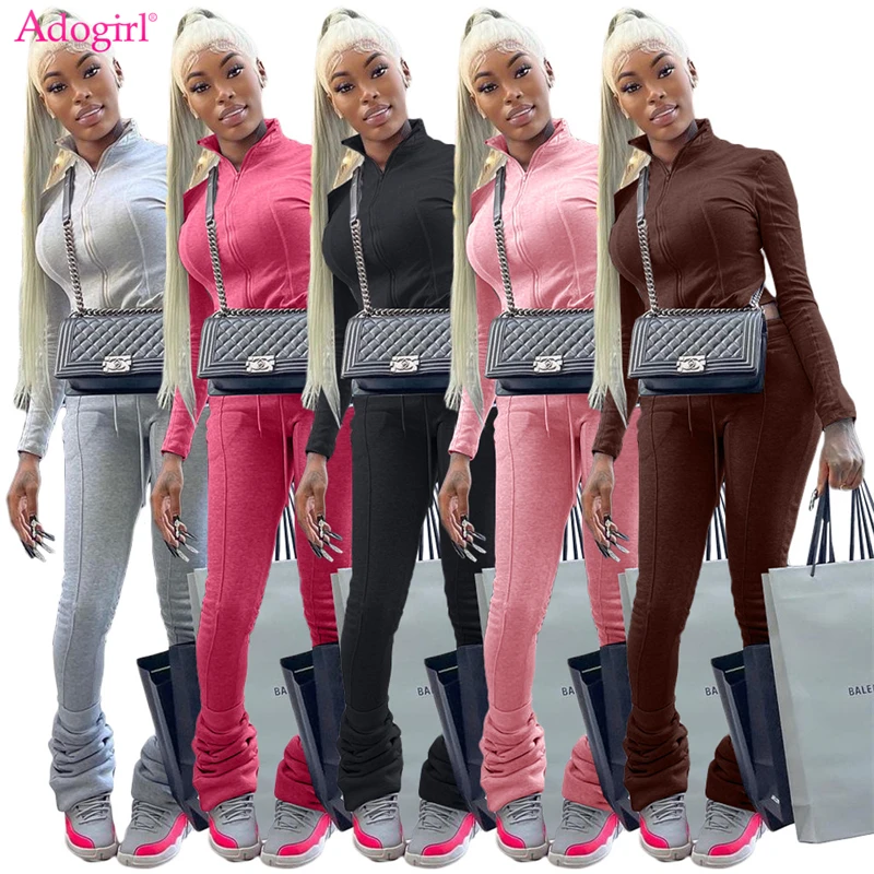 

Autumn Winter Thick Fleece Two Piece Set Women Tracksuit Long Sleeve Zipper Jacket Crop Top Stacked Pants Workout Jogging Suits