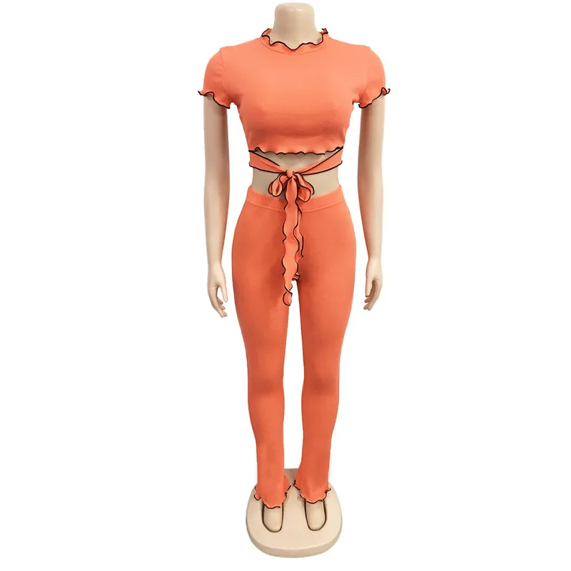 

Wholesale Dropshpping 2020 New WomenTwo-piece Sets Sexy Solid Color Casual Sense Tight-fitting Navel Flared Pants Two-piece Suit