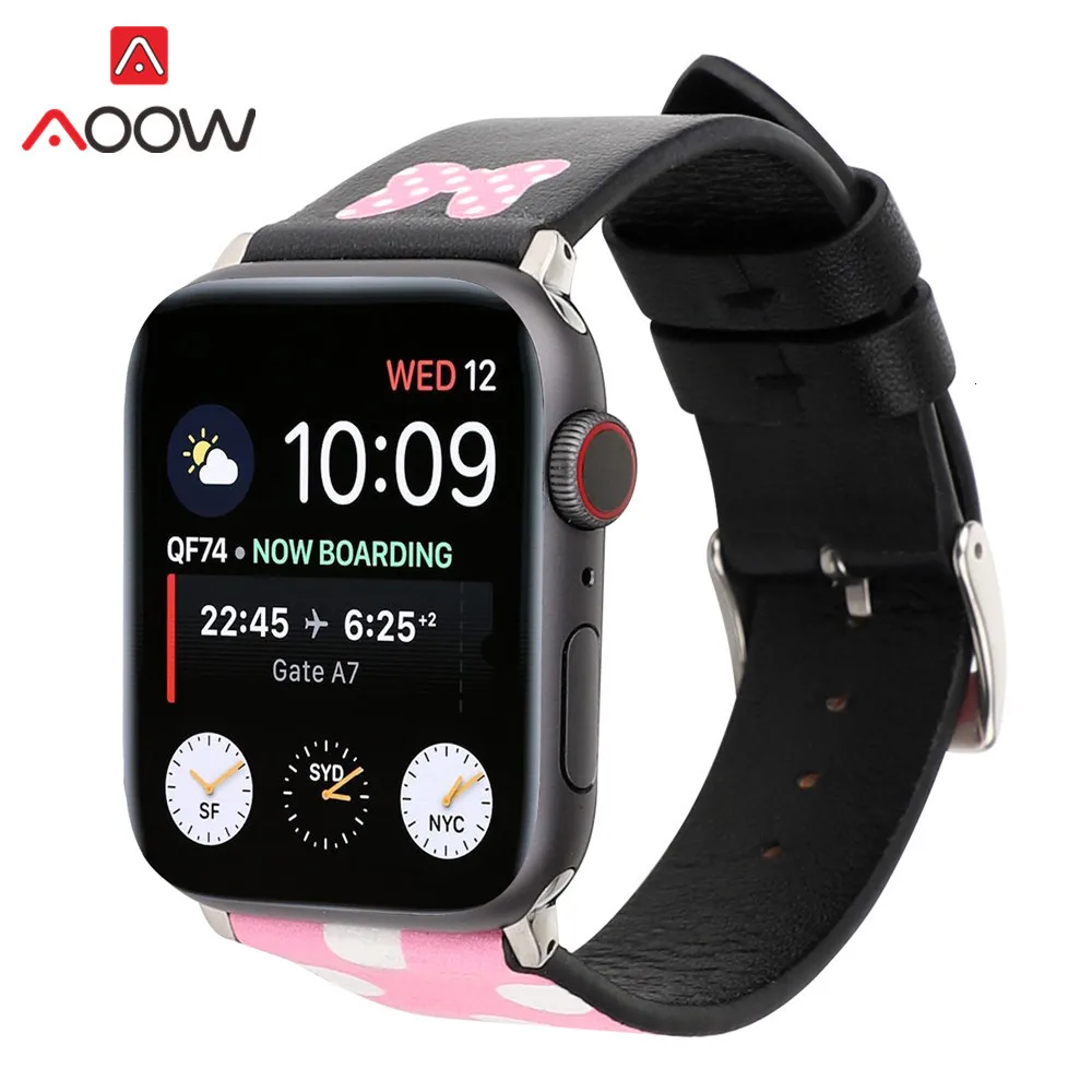 Ремешок для часов из натуральной кожи для Apple Watch 4, 40 мм, 44 мм, 38 мм, 42 мм, браслет с принтом Микки Мауса, ремешок для iwatch 1, 2, 3