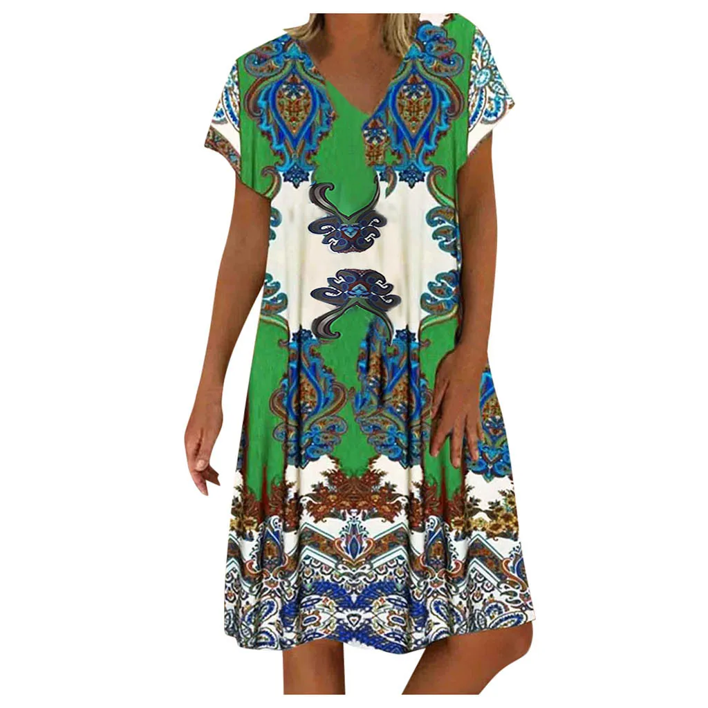 Женское винтажное платье с цветочным принтом V образным вырезом и коротким