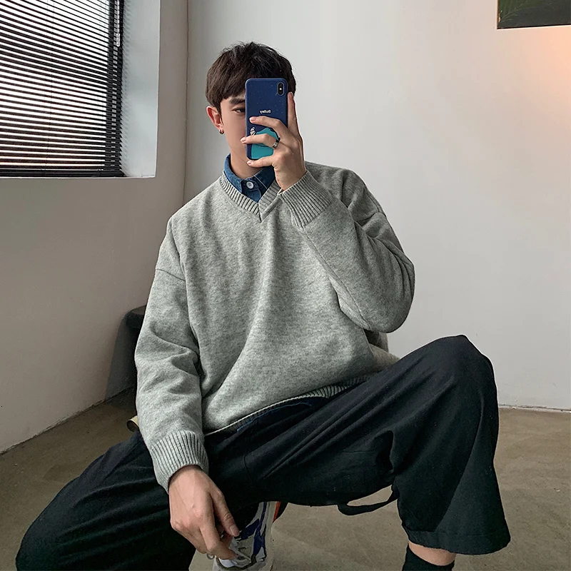 Мужской свободный свитер с V-образным вырезом однотонный простой хлопковый